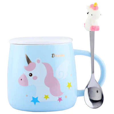 Dream Unicorn Ceramic Mugs With Lid & Spoon, Coffee Mug, Tea Mug Aesthetic Home Creativity Milk Mug Cute Unicorn Print Mug Gift For Kid & Unicorn Lover