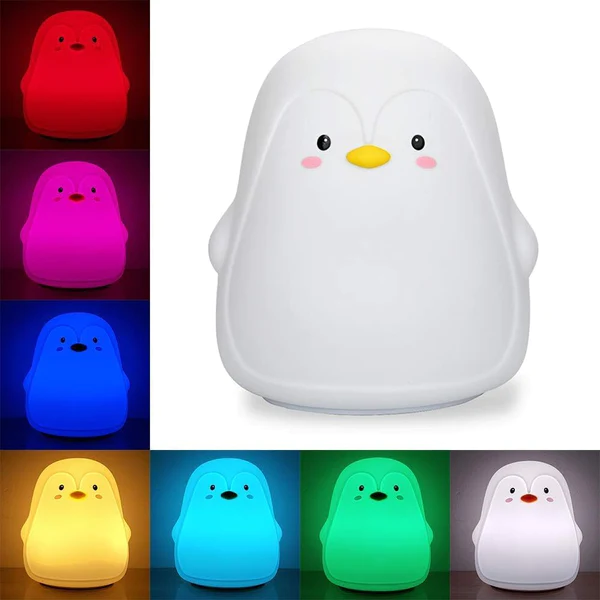 Penguin Night Light, Led Cute Cartoon Silicone Cartoons Lamp Touch Sensor Colorful Light Bedroom Bedside Night Light for Children Kids