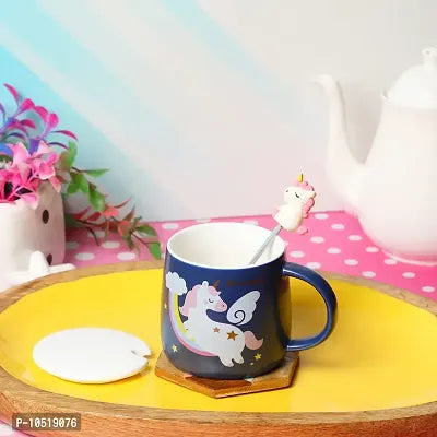 Unicorn Ceramic Mug with lid & Unicorn Prop Spoon Coffee & Tea Mug (Dark Blue)