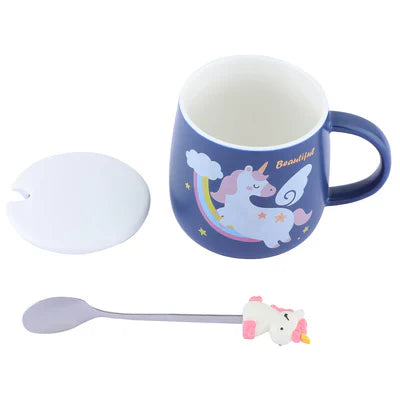 Unicorn Ceramic Mug with lid & Unicorn Prop Spoon Coffee & Tea Mug (Dark Blue)