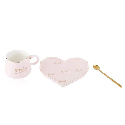 Be Mine Printed Ceramic Coffee Mug with Heart Shape Saucer & Spoon, Gift for Girls, Boys, Women, Man, Couple and others.