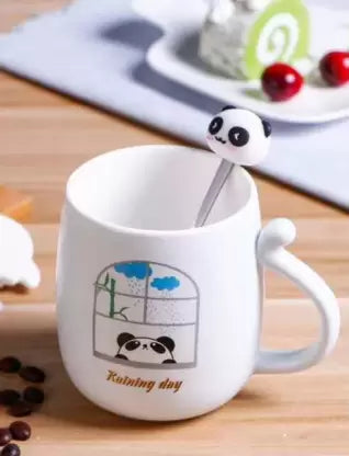 3D Mouth Lid Printed Panda Ceramic Coffee with Stainless Spoon Ceramic Coffee Mug  (350 ml)