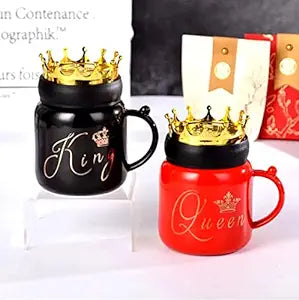 King & Queen Crown Lid Couples Coffee Mug With Phone Holder Ceramic Material Coffee Tea Mug Black & Red (400 ml) Gifts for Couples, Birthday Gifts For Your partner.