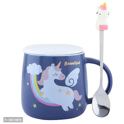 Unicorn Ceramic Mug with lid & Unicorn Prop Spoon Coffee & Tea Mug (Dark Blue)