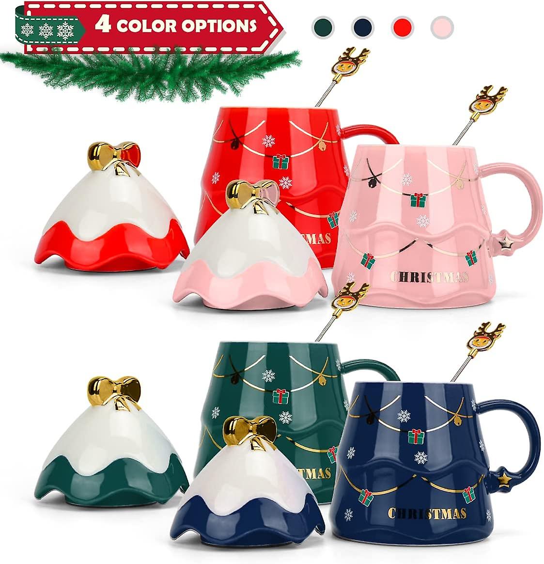 Christmas Coffee Bow Mug, Christmas Tree Ceramic Coffee Mugs 500ml Large Capacity Mug, Cute Cups with Lid and Spoon for Christmas, Gift for Coffee & Tea lovers.