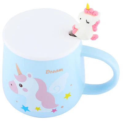 Dream Unicorn Ceramic Mugs With Lid & Spoon, Coffee Mug, Tea Mug Aesthetic Home Creativity Milk Mug Cute Unicorn Print Mug Gift For Kid & Unicorn Lover