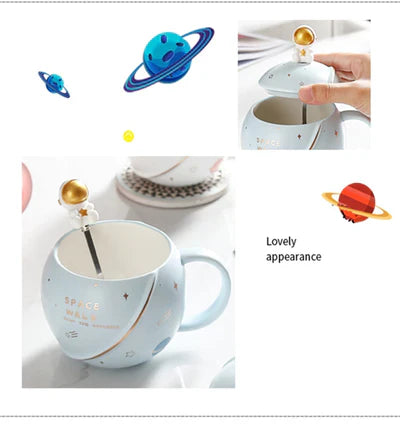 Astronaut Ceramic Coffee Mug with Lid and Spoon, Tea Cup, as a Gift, Porcelain Cup for Coffee, Tea, Milk, Water, 450 ml