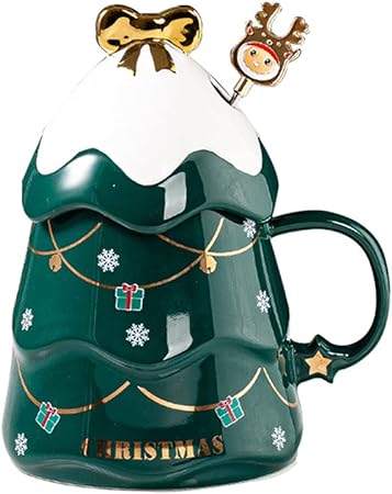 Christmas Coffee Bow Mug, Christmas Tree Ceramic Coffee Mugs 500ml Large Capacity Mug, Cute Cups with Lid and Spoon for Christmas, Gift for Coffee & Tea lovers.