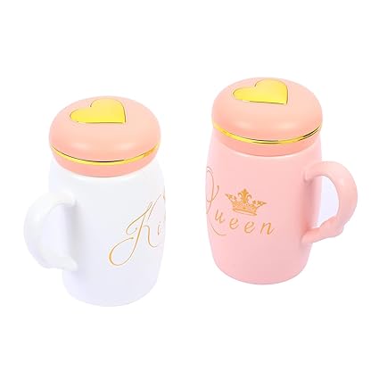 Baby Pink & White King & Queen Ceramic Coffee & Tea Mugs with Golden Heart lid for Couples.