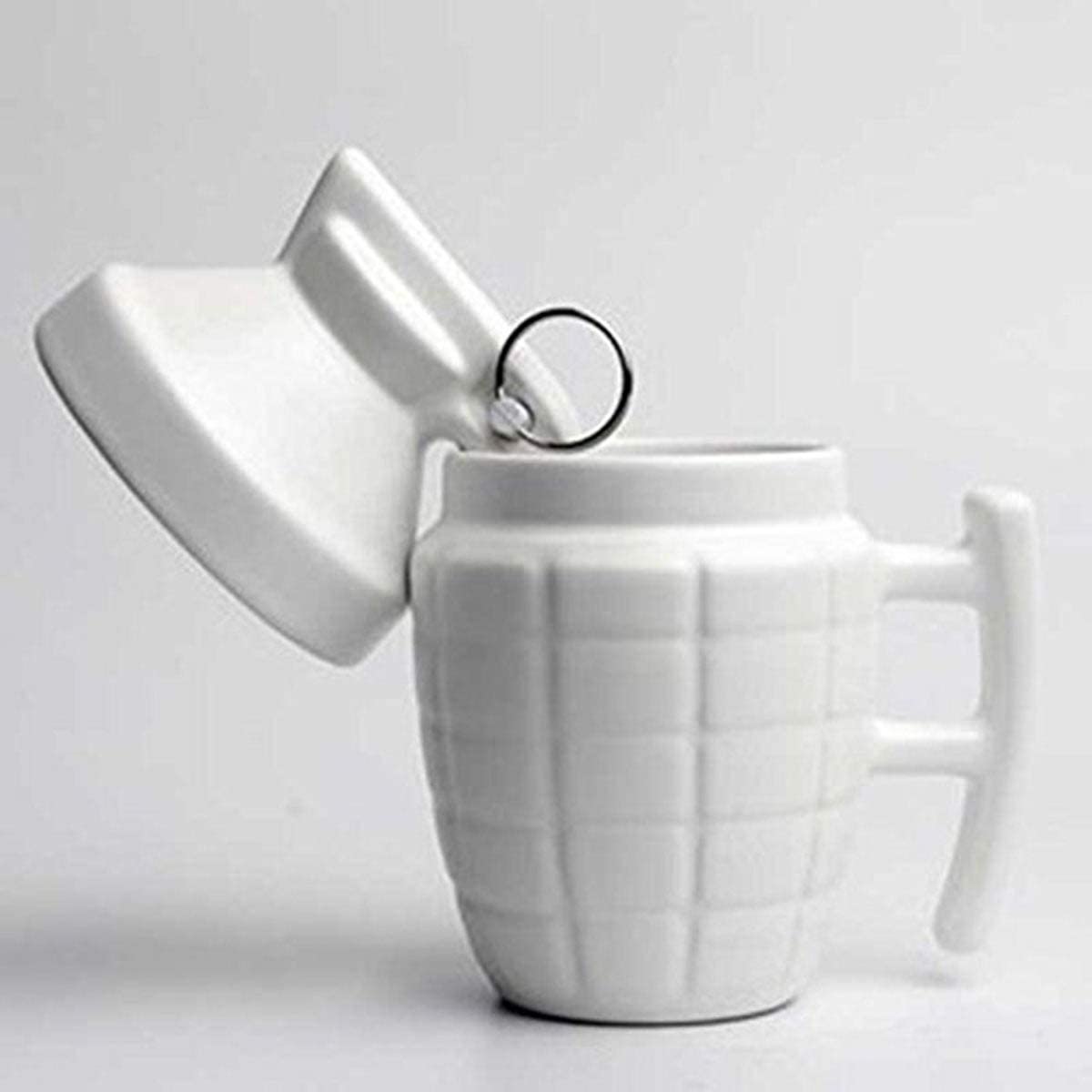 3D Ceramic Army Style Grenade Mug with Lid Coffee Tea Mug - 1 Piece, White, 280ml