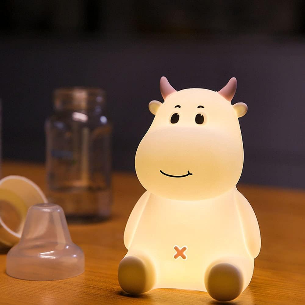 Cute Pet  Night Light, Animal Cow LED Night Lamp, Children's Bedroom Silicon Bedside Table Lamps, with USB Port, RGB Colorful Atmosphere Lights, Timer Sleep Light, for Girls Boy Gifts, Seven Color Mods with Touch Sensor.