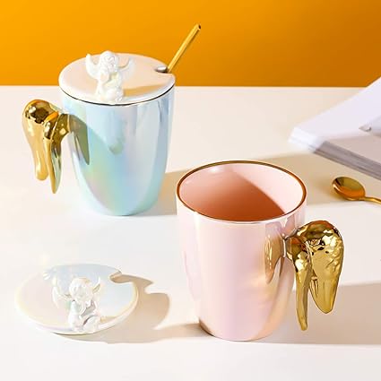 Golden Winged Angel Ceramic Mug With lid & Spoon, Couple Ceramic Coffee Cup,  Drinking Cup Spoon with Lid Easy to Clean Coffee Mug,  Best  Gifting Idea For Girls, Boys, Man, Women, and Everyone.