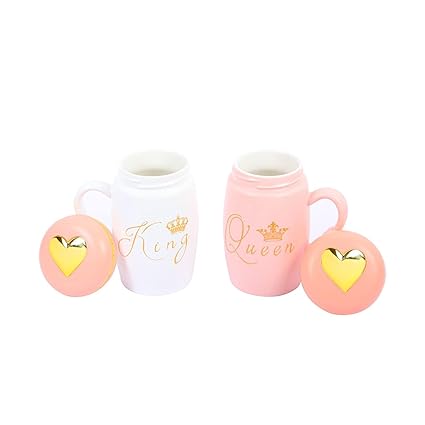 Baby Pink & White King & Queen Ceramic Coffee & Tea Mugs with Golden Heart lid for Couples.