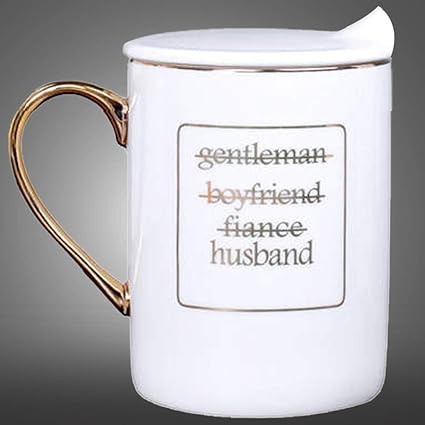 Husband & Wife Couples Coffee Mug With Lid, Ceramic Birthday Gift Cups for Husband and Wife Gold Printed Coffee Mug with Stylish Golden Handel.