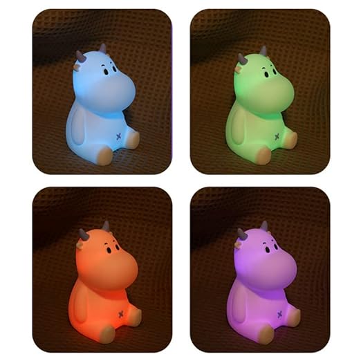 Cute Pet  Night Light, Animal Cow LED Night Lamp, Children's Bedroom Silicon Bedside Table Lamps, with USB Port, RGB Colorful Atmosphere Lights, Timer Sleep Light, for Girls Boy Gifts, Seven Color Mods with Touch Sensor.