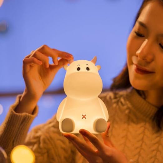 Cute Pet  Night Light, Animal Cow LED Night Lamp, Children's Bedroom Silicon Bedside Table Lamps, with USB Port, RGB Colorful Atmosphere Lights, Timer Sleep Light, for Girls Boy Gifts, Seven Color Mods with Touch Sensor.