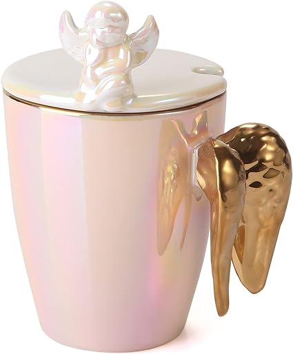 Golden Winged Angel Ceramic Mug With lid & Spoon, Couple Ceramic Coffee Cup,  Drinking Cup Spoon with Lid Easy to Clean Coffee Mug,  Best  Gifting Idea For Girls, Boys, Man, Women, and Everyone.