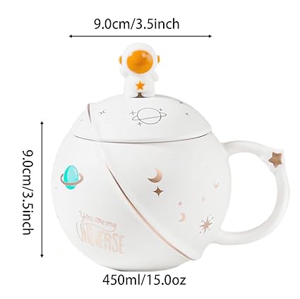 Astronaut Ceramic Coffee Mug with Lid and Spoon, Tea Cup, as a Gift, Porcelain Cup for Coffee, Tea, Milk, Water, 450 ml