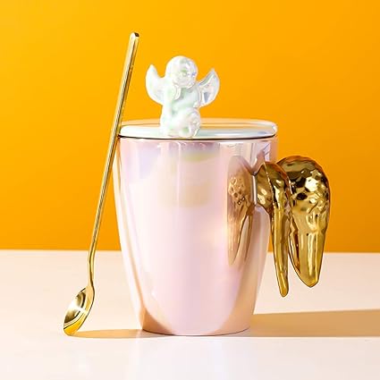 Golden Winged Angel Ceramic Mug With lid & Spoon, Couple Ceramic Coffee Cup,  Drinking Cup Spoon with Lid Easy to Clean Coffee Mug,  Best  Gifting Idea For Girls, Boys, Man, Women, and Everyone.