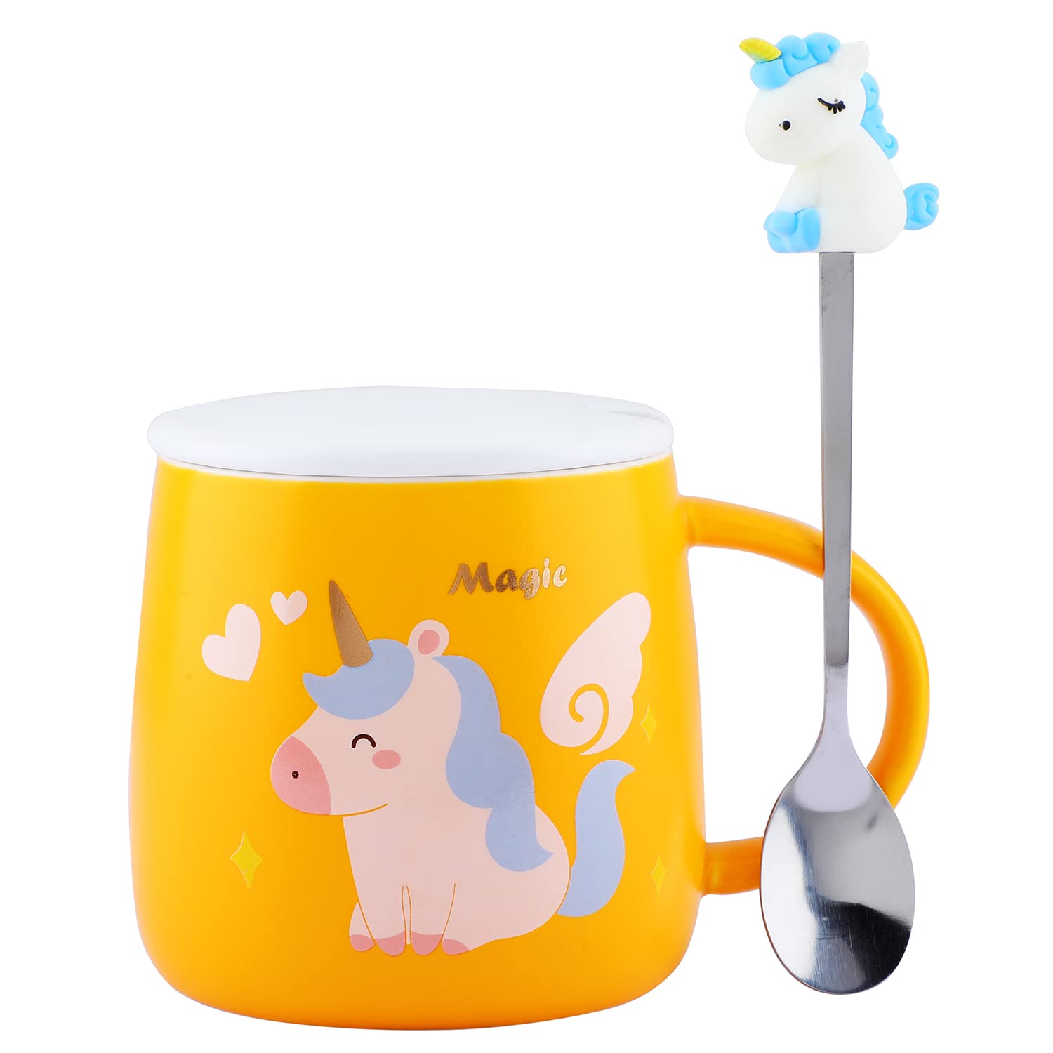 Unicorn Ceramic Mug with lid & Unicorn Spoon Coffee Tea Mug (Yellow)