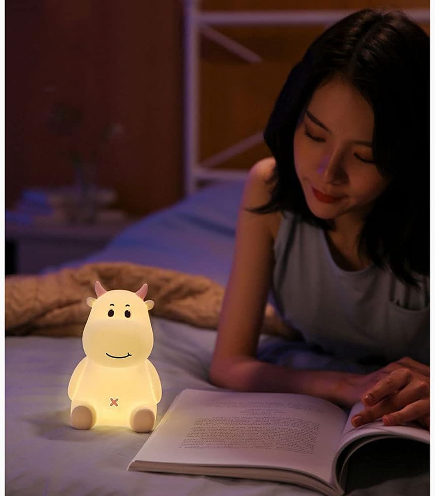 Cute Pet  Night Light, Animal Cow LED Night Lamp, Children's Bedroom Silicon Bedside Table Lamps, with USB Port, RGB Colorful Atmosphere Lights, Timer Sleep Light, for Girls Boy Gifts, Seven Color Mods with Touch Sensor.