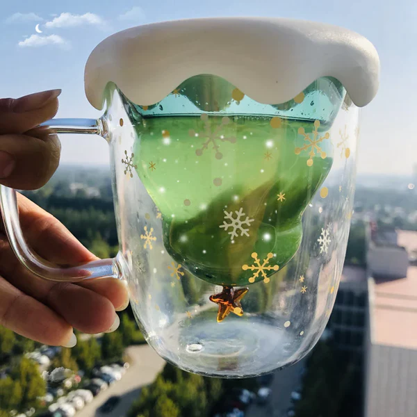 Christmas Tree Shaped Double Wall Glass Mug, 3D Tree Snowflake Glassware with Lid and Handle, Great for Latte, Tea Bag, Beverage, Juice, Water