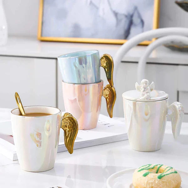 White Angel Wings Ceramic Shaped Handle Mug, Tea Coffee Hot Drinks, Decorative Gift Box, Home Kitchen Office || Angel Coffee Cup Shiny Ceramic Mug/Cup with Lid (White)