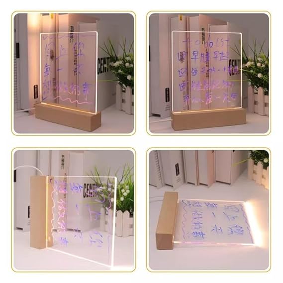 Luminious 3D Acrylic Writing DIY Board with 12 Pens LED Night Light Message Board, Rewritable Message board with Wooden stand, Dry Erase Board for Home &  Office.