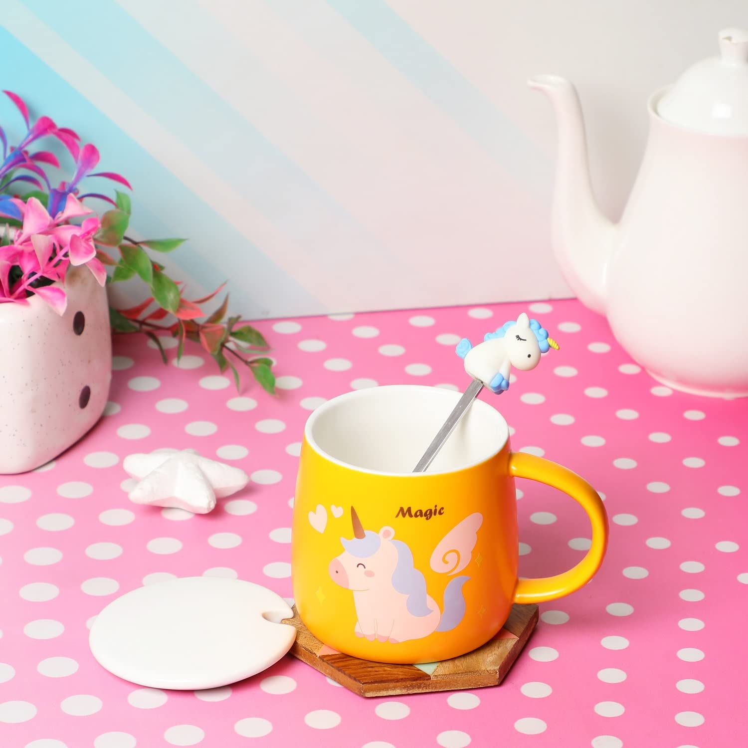 Unicorn Ceramic Mug with lid & Unicorn Spoon Coffee Tea Mug (Yellow)