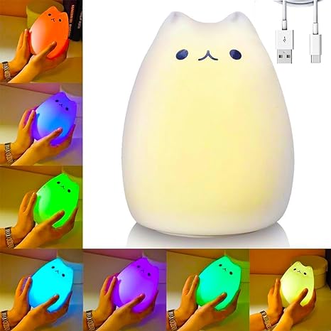 Kitty Night Light, USB Rechargeable Silicone Cute Cat Night Light for Kids With White Warm Light & 7 Color Changing LED Touch Breathing Lamp Nursery Nightlights for Kids bedroom, Birthday Gifts, Return Gift, Party mood , Home Decor Light .