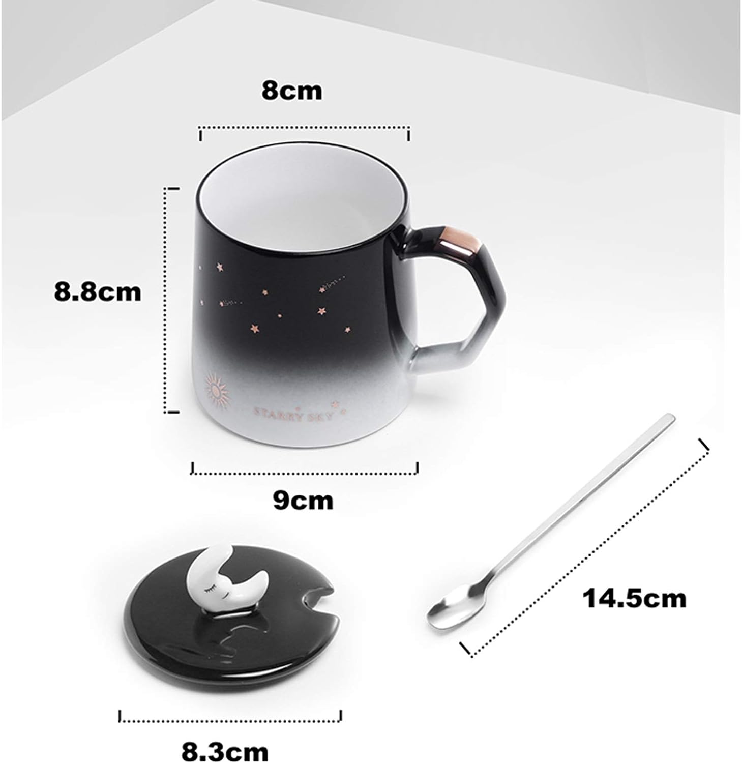 Sleeping Moon Mug with Moon Lid & Spoon Romantic Starry Sky Ceramic Mugs with Lid Silver Spoon Porcelain Coffee Milk Tea Cups For Office, Travel, Home, Mini Party Cups etc.