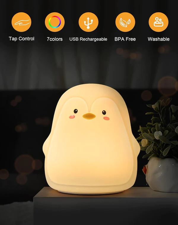 Penguin Night Light, Led Cute Cartoon Silicone Cartoons Lamp Touch Sensor Colorful Light Bedroom Bedside Night Light for Children Kids