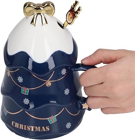 Christmas Coffee Bow Mug, Christmas Tree Ceramic Coffee Mugs 500ml Large Capacity Mug, Cute Cups with Lid and Spoon for Christmas, Gift for Coffee & Tea lovers.