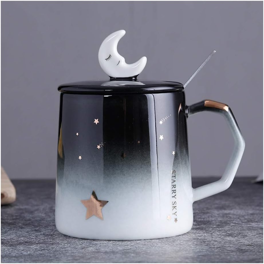 Sleeping Moon Mug with Moon Lid & Spoon Romantic Starry Sky Ceramic Mugs with Lid Silver Spoon Porcelain Coffee Milk Tea Cups For Office, Travel, Home, Mini Party Cups etc.