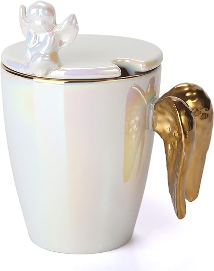 Golden Winged Angel Ceramic Mug With lid & Spoon, Couple Ceramic Coffee Cup,  Drinking Cup Spoon with Lid Easy to Clean Coffee Mug,  Best  Gifting Idea For Girls, Boys, Man, Women, and Everyone.