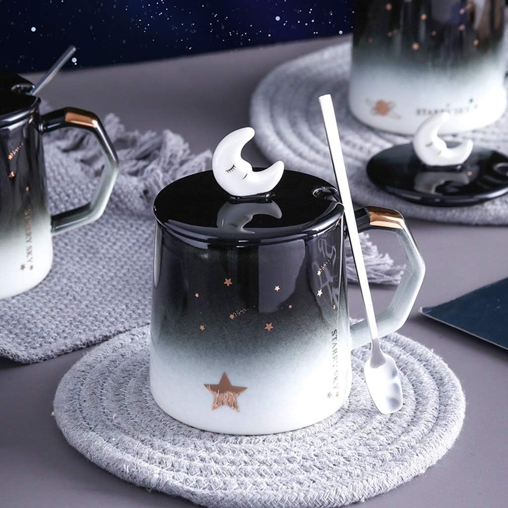 Sleeping Moon Mug with Moon Lid & Spoon Romantic Starry Sky Ceramic Mugs with Lid Silver Spoon Porcelain Coffee Milk Tea Cups For Office, Travel, Home, Mini Party Cups etc.