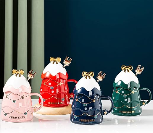 Christmas Coffee Bow Mug, Christmas Tree Ceramic Coffee Mugs 500ml Large Capacity Mug, Cute Cups with Lid and Spoon for Christmas, Gift for Coffee & Tea lovers.