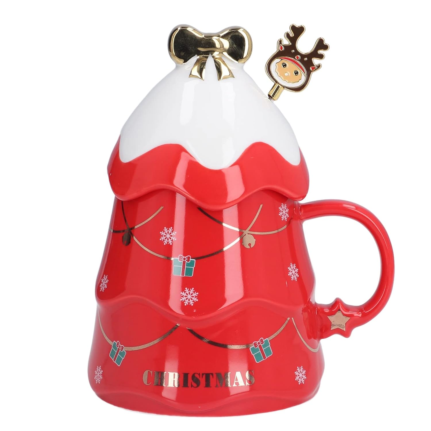 Christmas Coffee Bow Mug, Christmas Tree Ceramic Coffee Mugs 500ml Large Capacity Mug, Cute Cups with Lid and Spoon for Christmas, Gift for Coffee & Tea lovers.