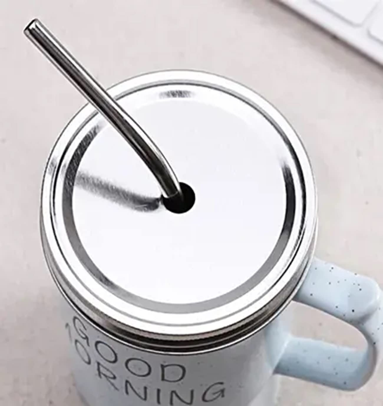 Good Morning Printed Ceramic Mug with Stainless Steel Straw for Cold Coffee and Ice Tea, 350 ml (Blue)