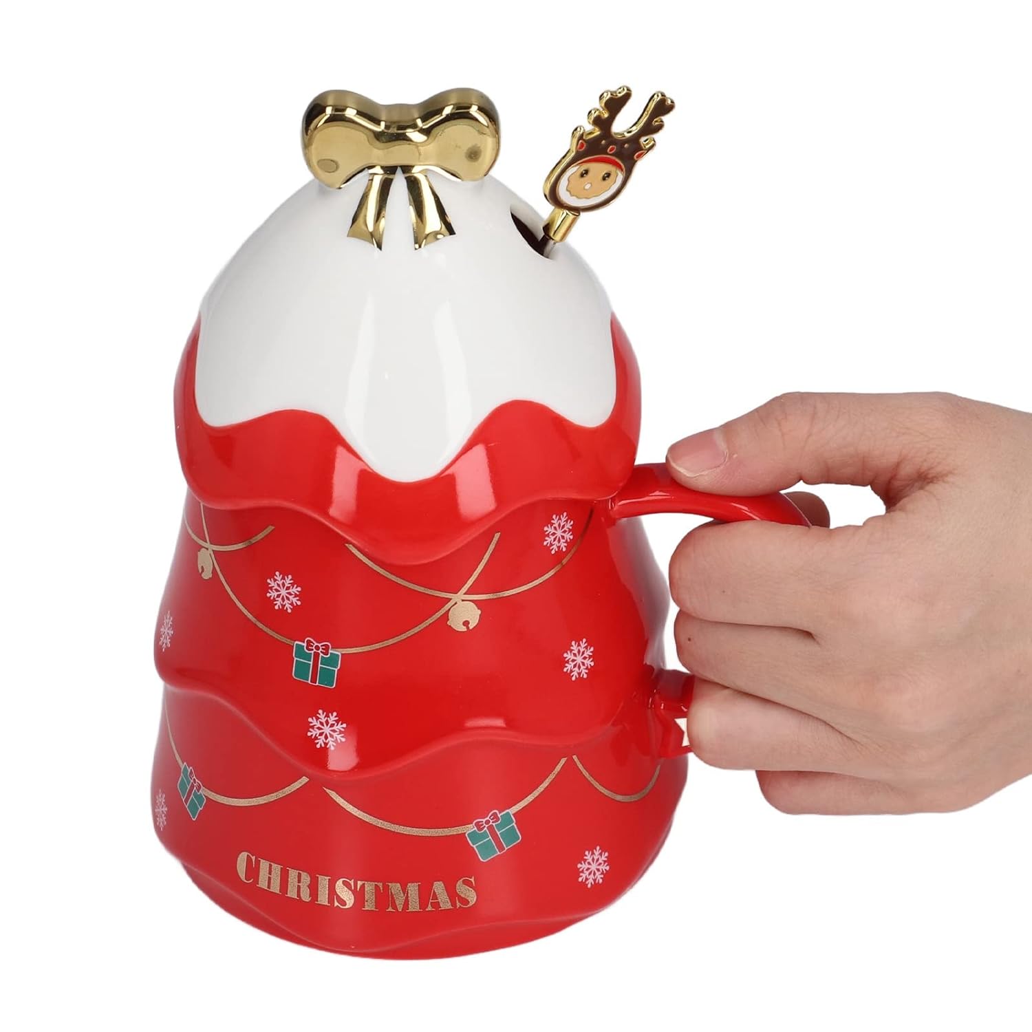 Christmas Coffee Bow Mug, Christmas Tree Ceramic Coffee Mugs 500ml Large Capacity Mug, Cute Cups with Lid and Spoon for Christmas, Gift for Coffee & Tea lovers.