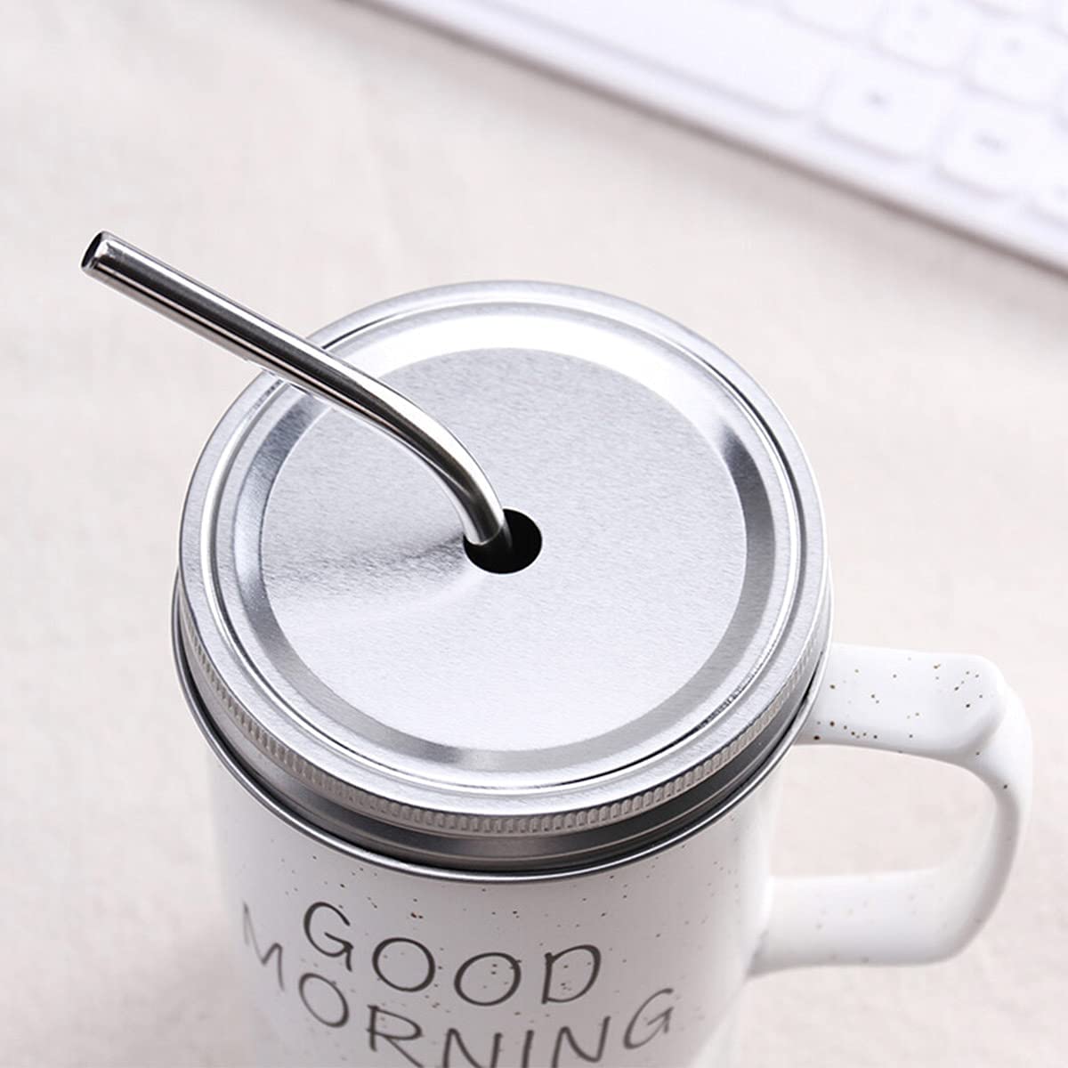 Good Morning Printed Ceramic Mug with Stainless Steel Straw for Cold Coffee and Ice Tea, 350 ml (White)