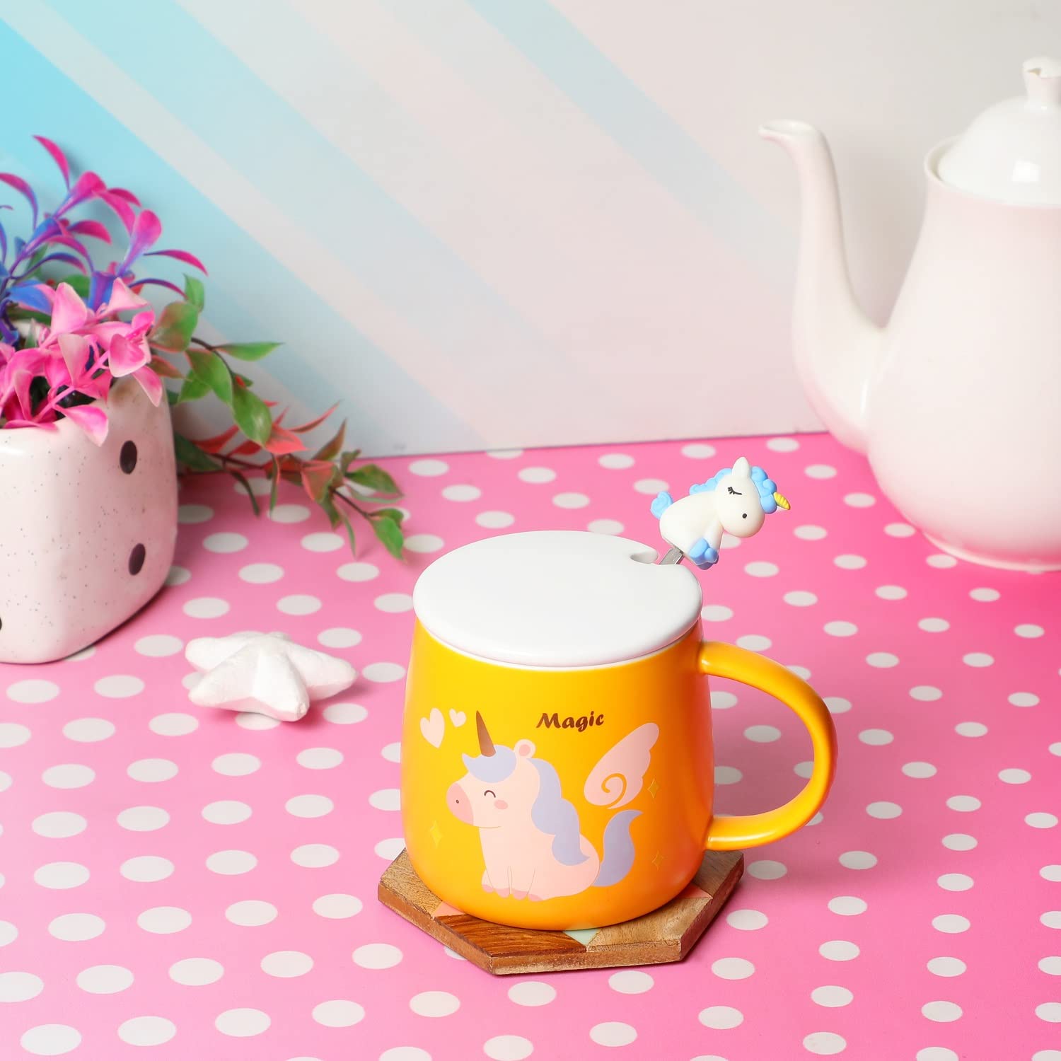 Unicorn Ceramic Mug with lid & Unicorn Spoon Coffee Tea Mug (Yellow)