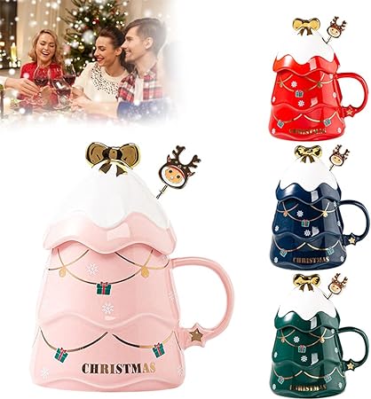 Christmas Coffee Bow Mug, Christmas Tree Ceramic Coffee Mugs 500ml Large Capacity Mug, Cute Cups with Lid and Spoon for Christmas, Gift for Coffee & Tea lovers.