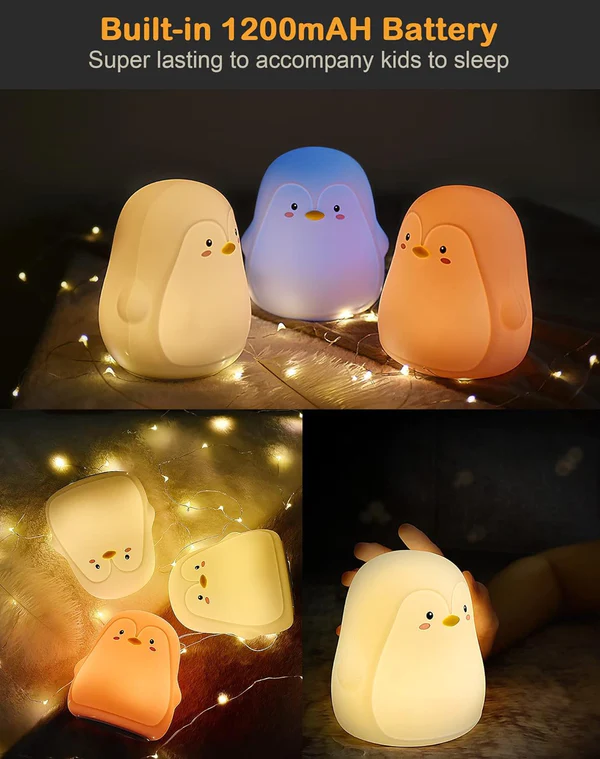 Penguin Night Light, Led Cute Cartoon Silicone Cartoons Lamp Touch Sensor Colorful Light Bedroom Bedside Night Light for Children Kids