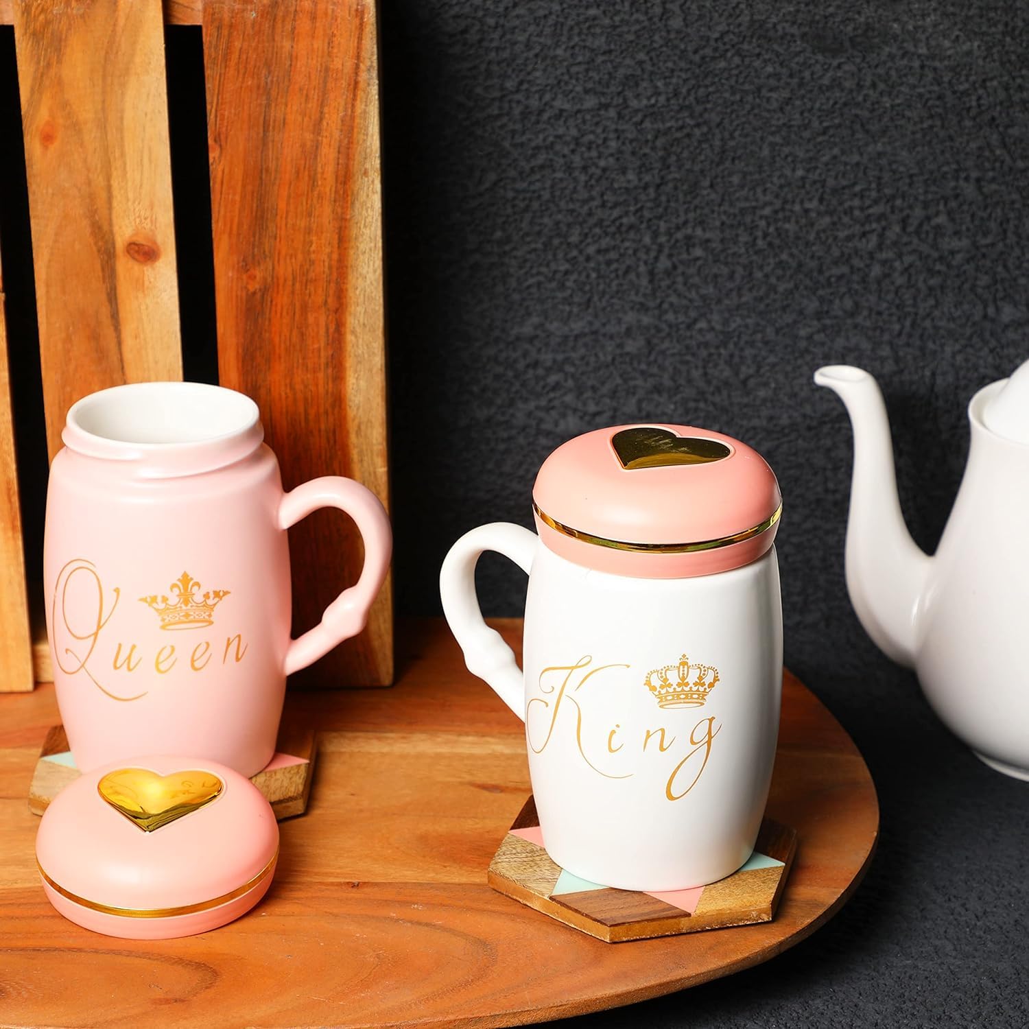 Baby Pink & White King & Queen Ceramic Coffee & Tea Mugs with Golden Heart lid for Couples.