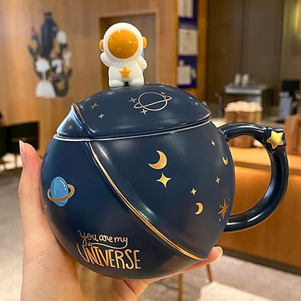 Astronaut Ceramic Coffee Mug with Lid and Spoon, Tea Cup, as a Gift, Porcelain Cup for Coffee, Tea, Milk, Water, 450 ml