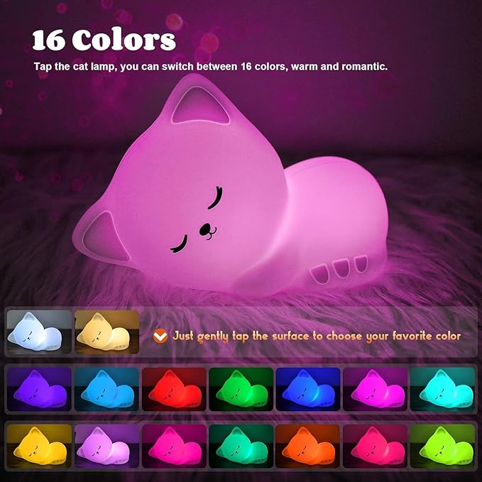 Soft Silicone Cat Seven Colors LED Night Lights USB Rechargeable Children Baby Kids Night Lamp Creative Cartoon Room Decor Light