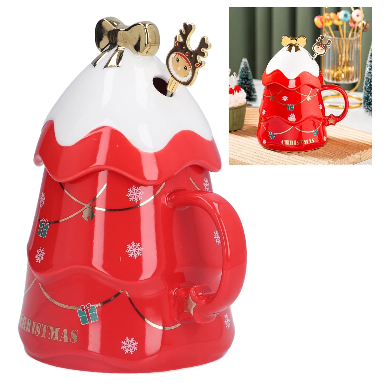 Christmas Coffee Bow Mug, Christmas Tree Ceramic Coffee Mugs 500ml Large Capacity Mug, Cute Cups with Lid and Spoon for Christmas, Gift for Coffee & Tea lovers.