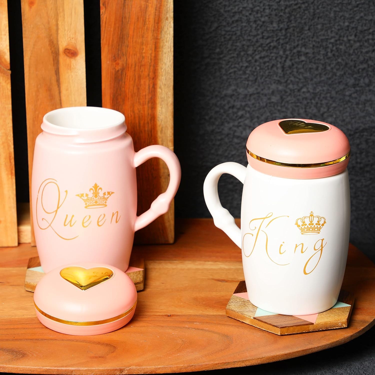 Baby Pink & White King & Queen Ceramic Coffee & Tea Mugs with Golden Heart lid for Couples.