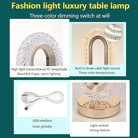 Oval Crystal Stand Night Lamp | LED Touch Night Lamp | Decorative for Desk and Table| Night Lamp | USB Charging  Lamp | 3 Colors Changing Led Crystal Lamp for Home, Bedroom, Party Dinner Decor